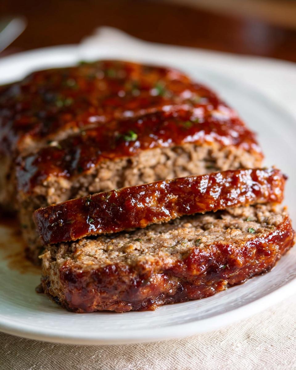 Close-up of a sliced Top Notch Meatloaf Recipe with Juicy Flavor, glazed with a rich sauce and sprinkled with herbs.