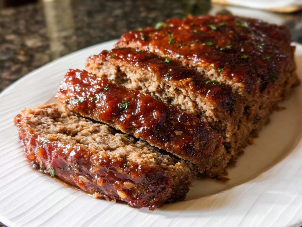 A close-up of a sliced Top Notch Meatloaf Recipe with a glossy, rich glaze and sprinkled herbs.