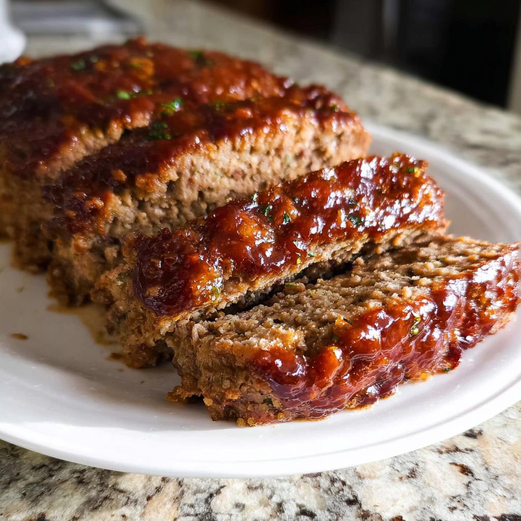 Close-up of a sliced Top Notch Meatloaf Recipe, glazed with a rich, glossy sauce and sprinkled with herbs.