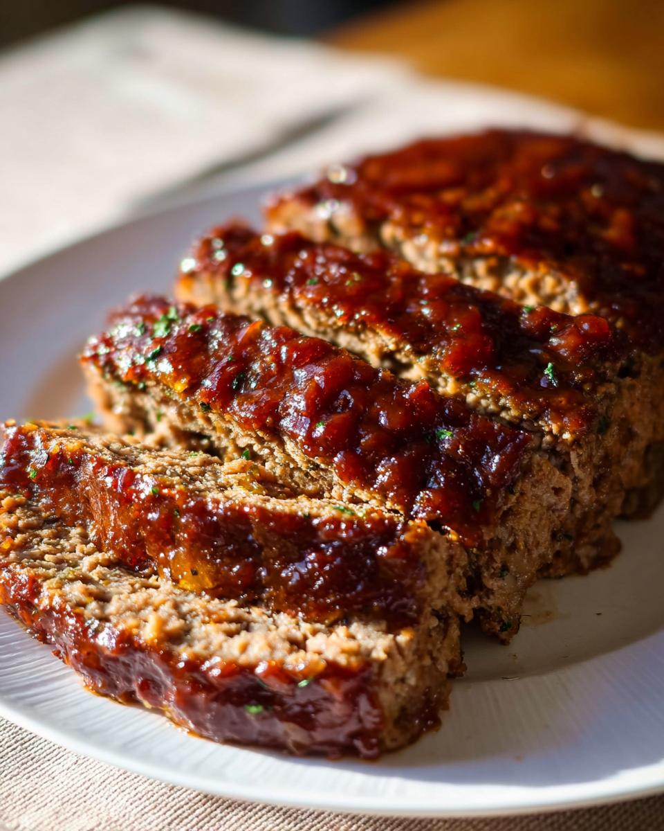 Close-up of sliced Top Notch Meatloaf Recipe with a glossy, rich glaze and fresh parsley.