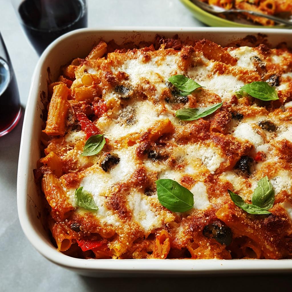 A close-up of a creamy roasted pepper pasta bake, topped with melted cheese and fresh basil leaves.