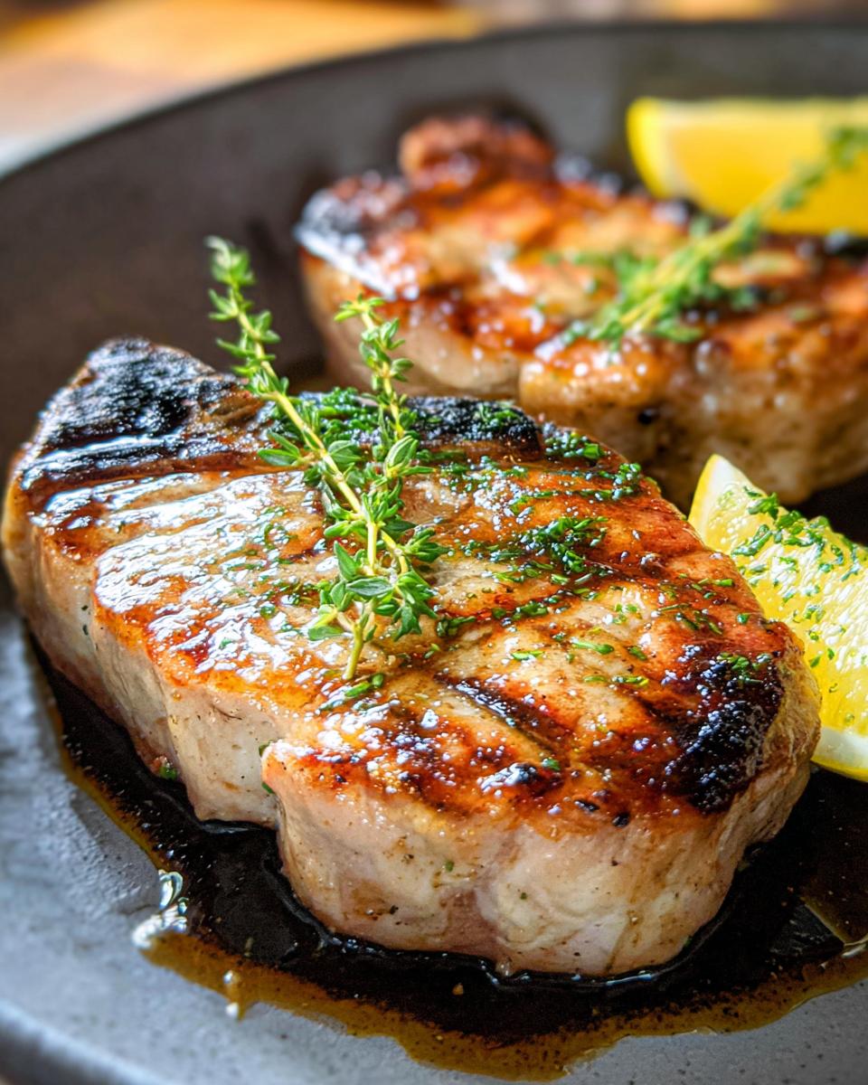 Close-up of two perfectly grilled pork chops, garnished with fresh thyme and lemon wedges, showcasing a tender and juicy texture.