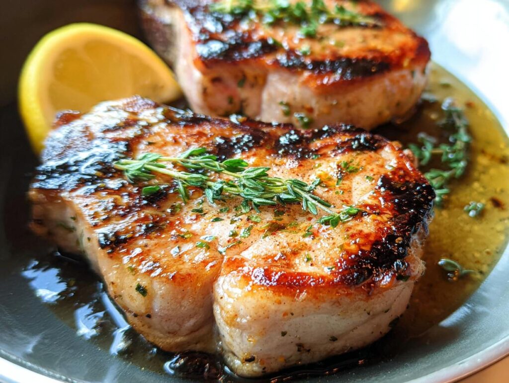 Close-up of two perfectly grilled, tender and juicy pork chops with herbs and a lemon slice.