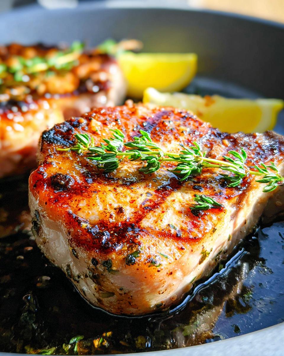 Close-up of a perfectly cooked, tender and juicy pork chop with herbs and lemon wedges.