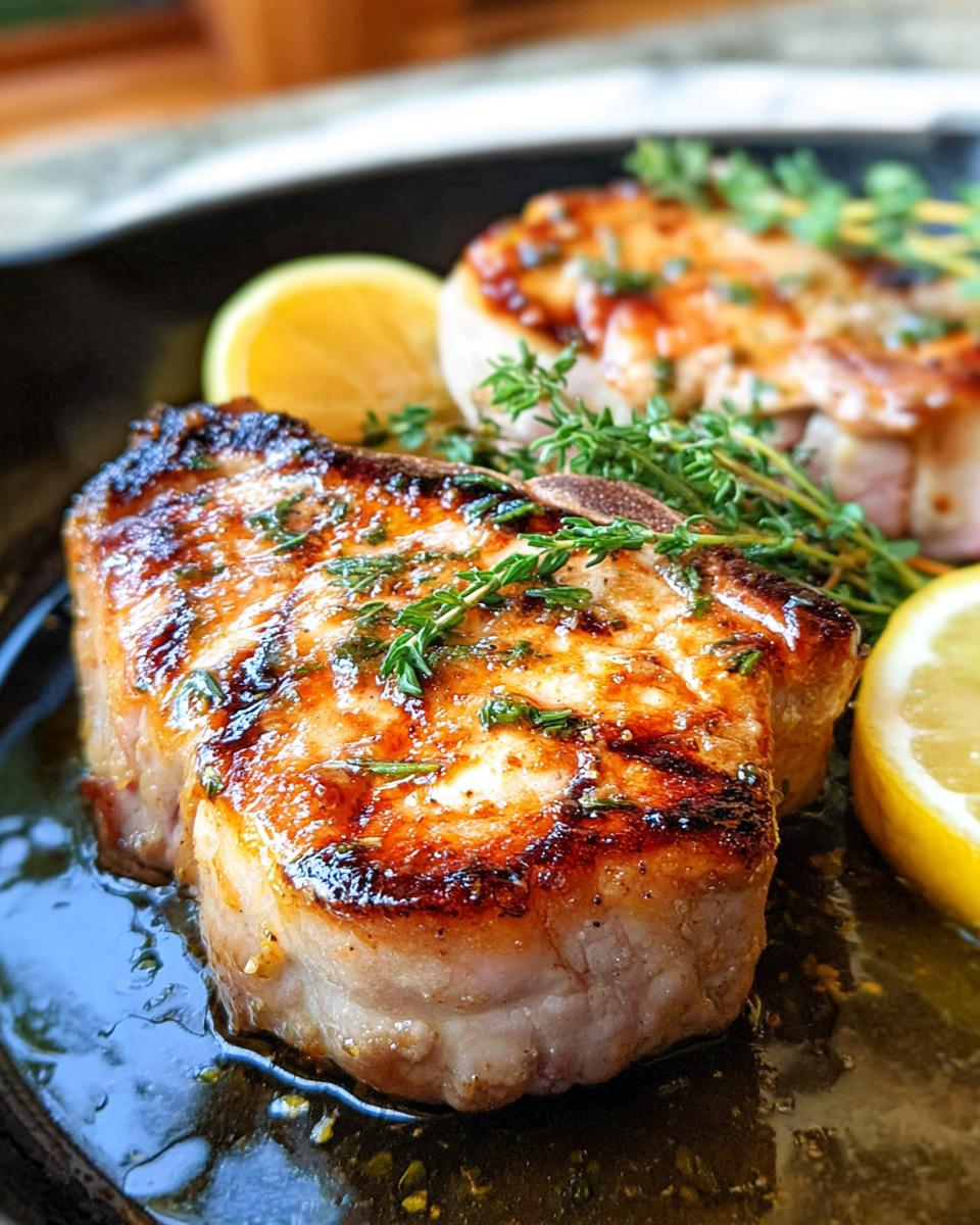 Close-up of perfectly cooked, tender and juicy pork chops with herbs and lemon wedges.