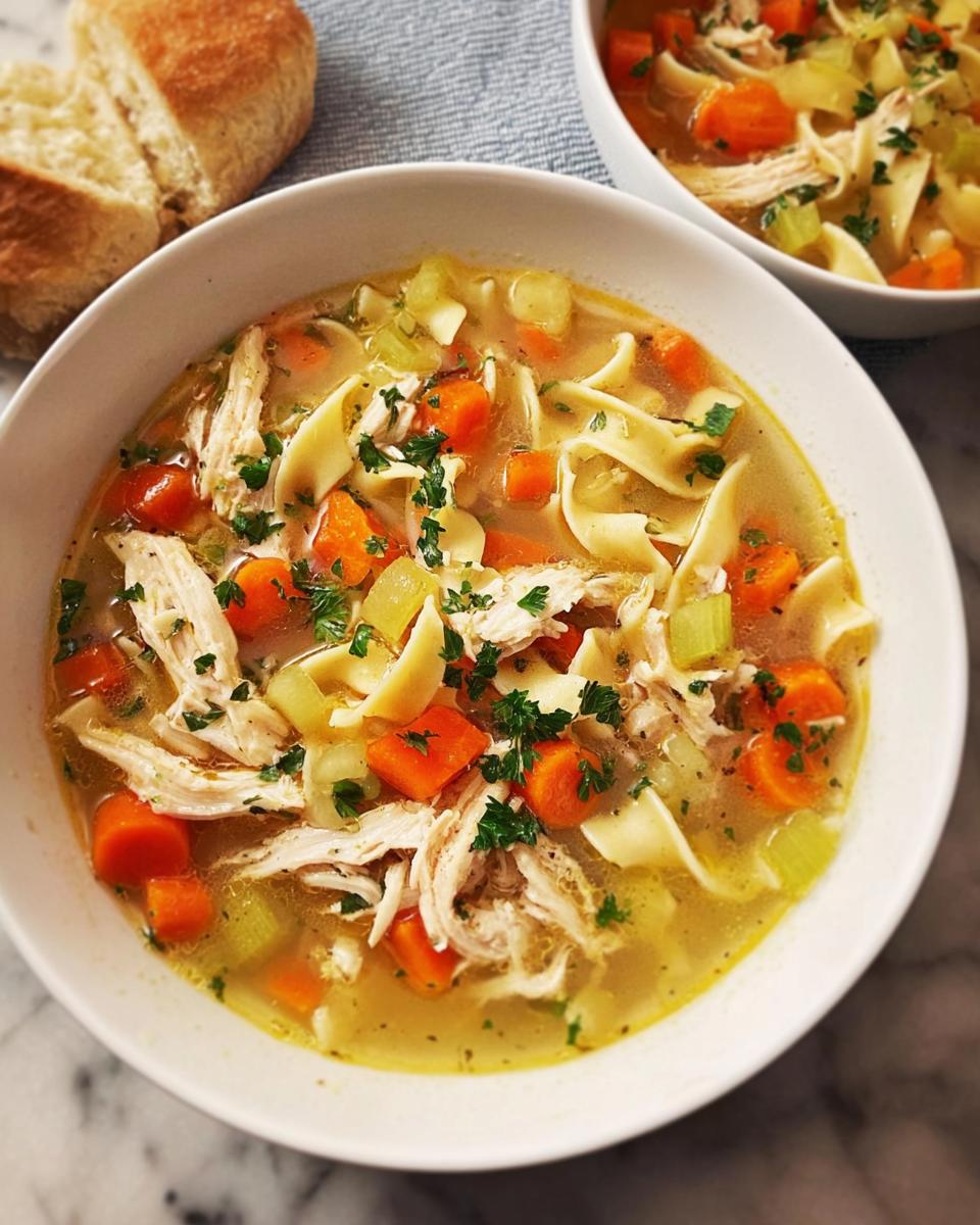 A comforting bowl of chicken noodle soup with shredded chicken, wide egg noodles, carrots, celery, and parsley. Part of Top Notch Soup Recipes.
