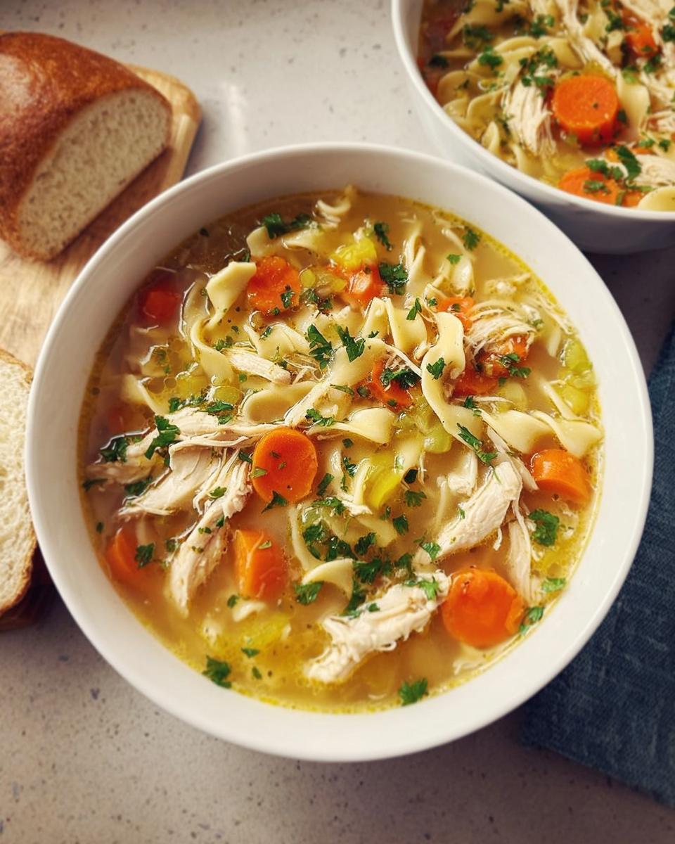 A comforting bowl of chicken noodle soup with shredded chicken, wide noodles, carrots, and parsley, part of top notch soup recipes.