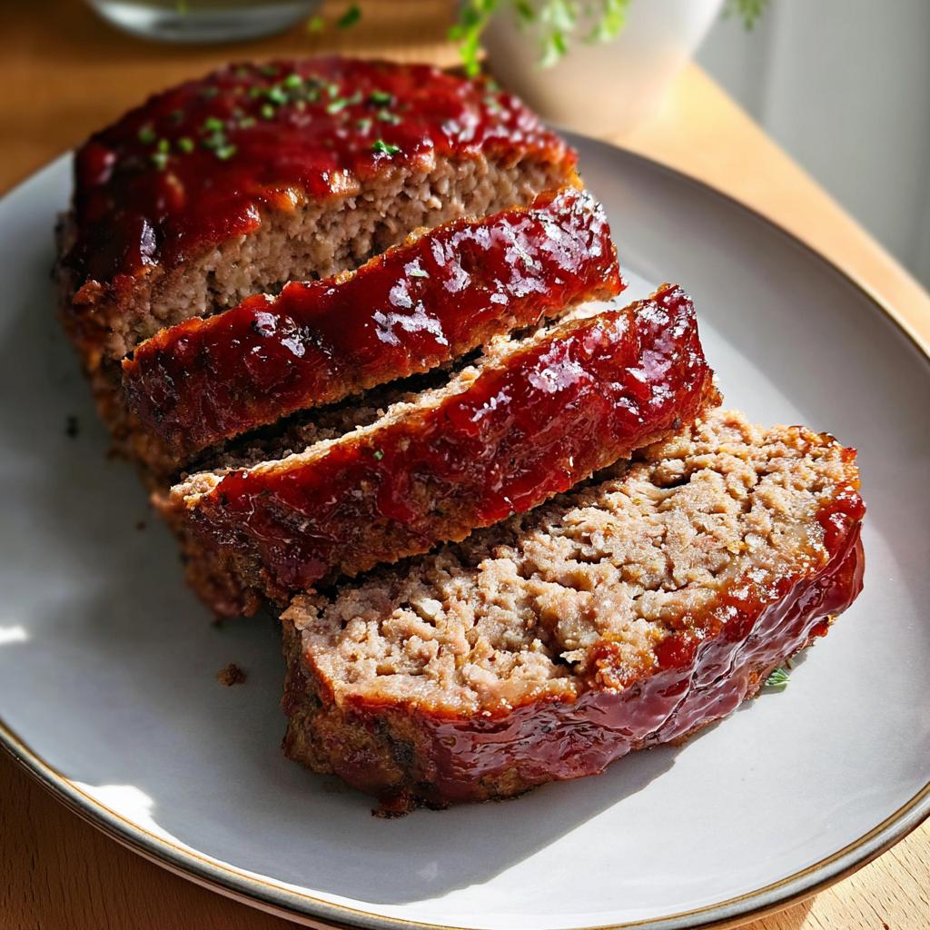 Close-up of a sliced Traditional Meatloaf Recipe with a rich, glossy glaze and chives.