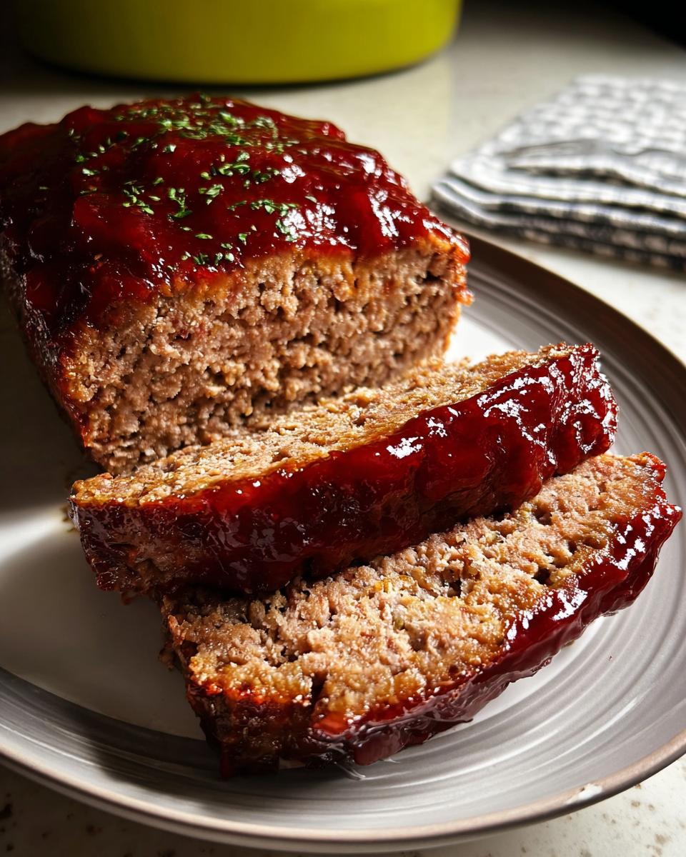 Close-up of a traditional meatloaf recipe with rich flavor, glazed with a glossy sauce and topped with herbs.