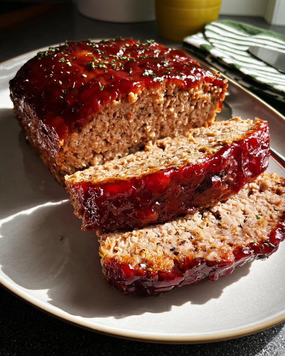 Close-up of a Traditional Meatloaf Recipe with a rich, glossy glaze and chopped herbs.