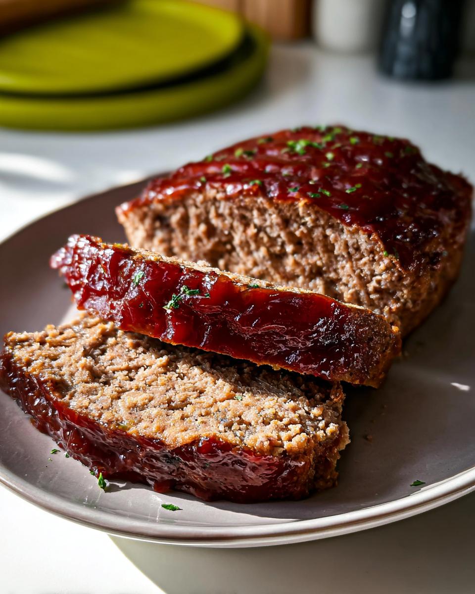 Close-up of a slice of traditional meatloaf recipe with rich flavor, glazed with a dark red sauce and sprinkled with chives.