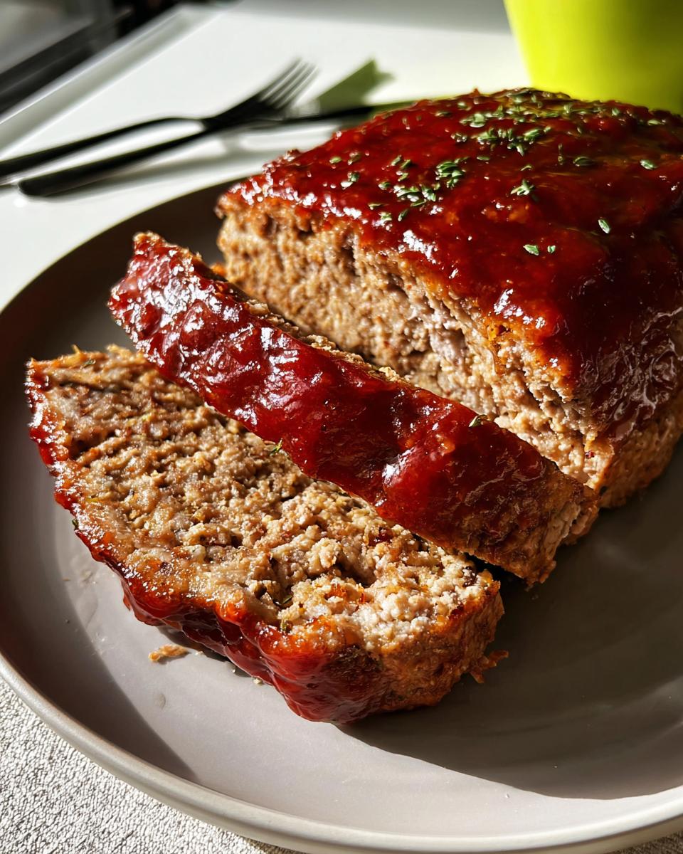 A delicious slice of Traditional Meatloaf Recipe With Rich Flavor, topped with a glossy glaze and sprinkled with herbs.