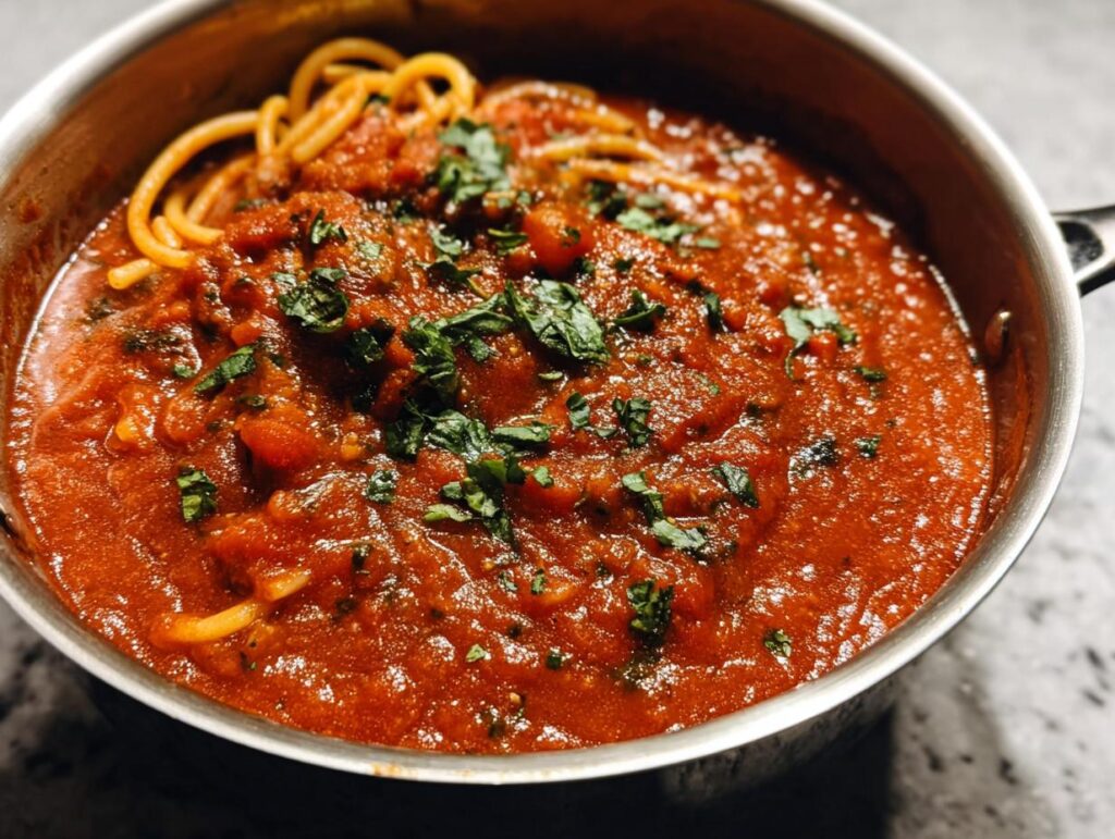 A close-up of traditional pasta with a rich, rustic tomato sauce, garnished with fresh herbs.