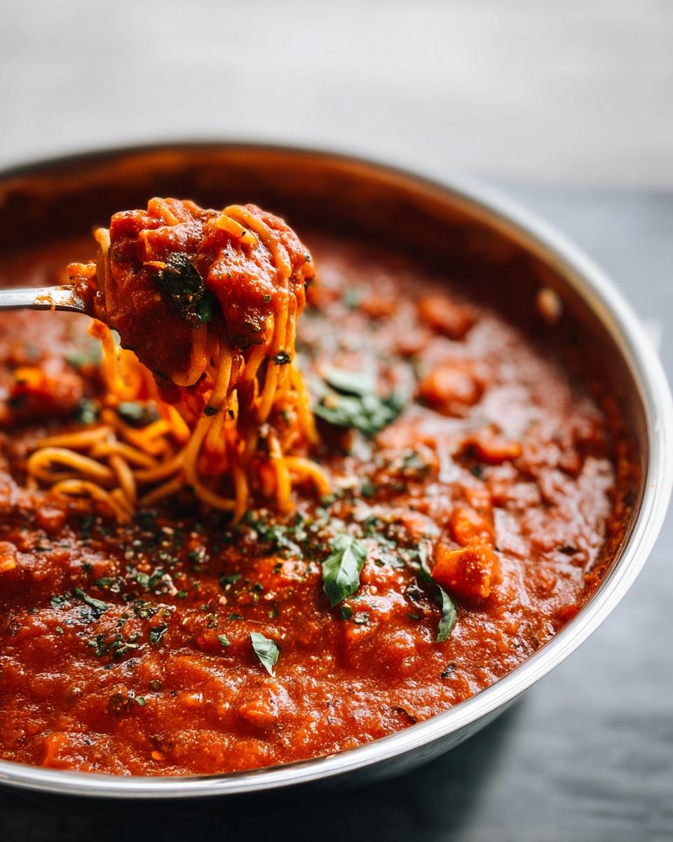 A fork lifts a generous portion of spaghetti coated in a rich, rustic tomato sauce, part of a Traditional Pasta With Rustic Sauces dish.