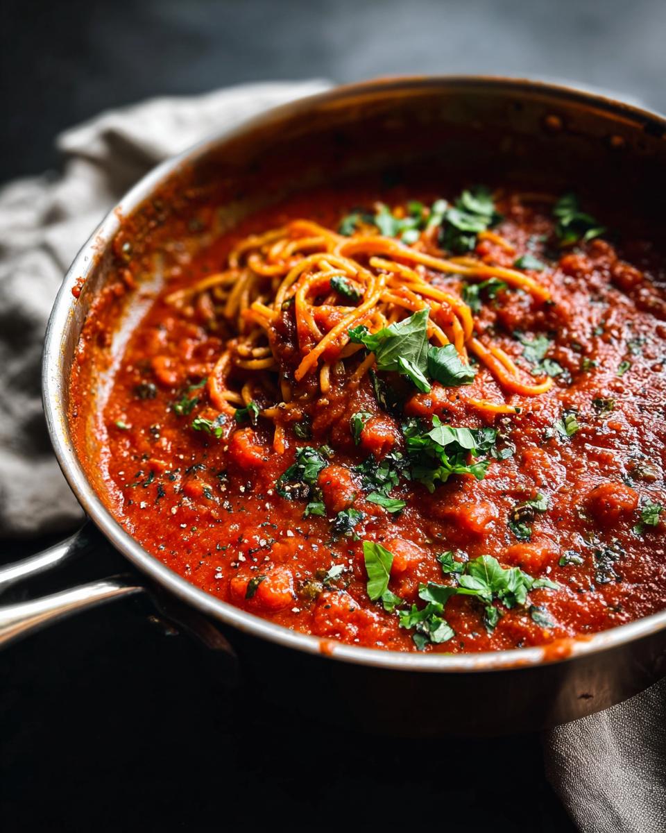 Close-up of traditional pasta with a rich, rustic tomato sauce and fresh basil in a skillet.