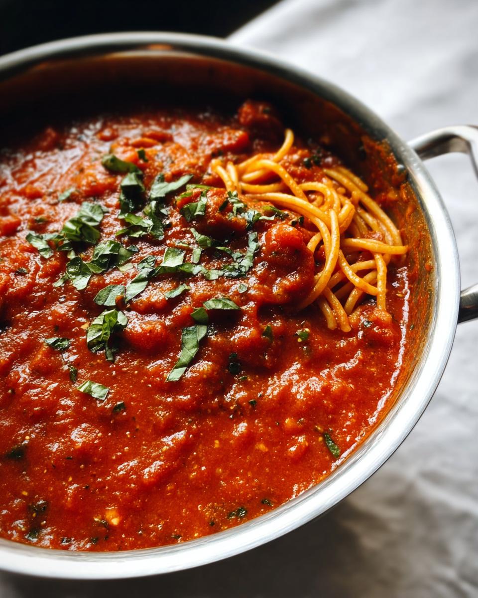 Close-up of traditional pasta with rustic sauces in a pot, garnished with fresh basil.