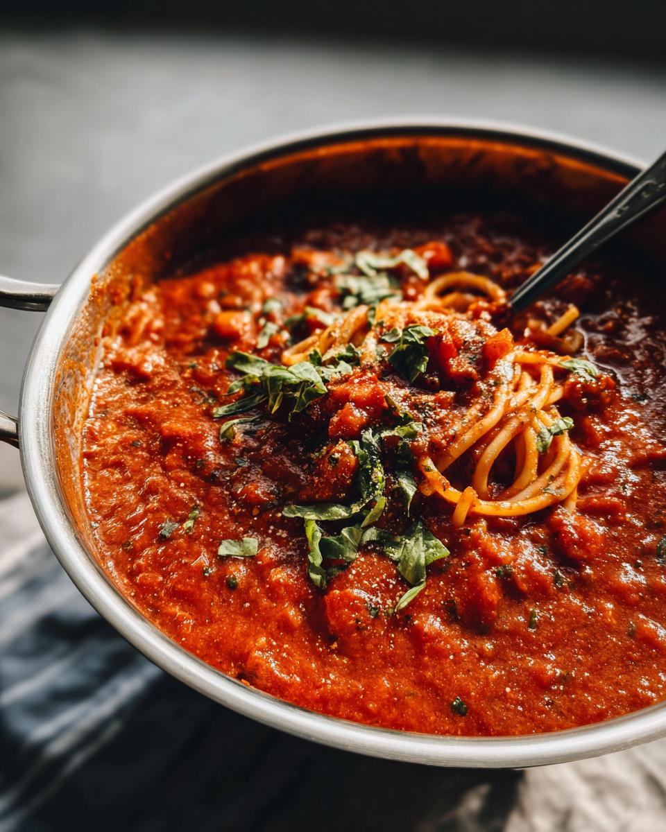 Close-up of traditional pasta with rustic sauces in a pot, garnished with fresh herbs.