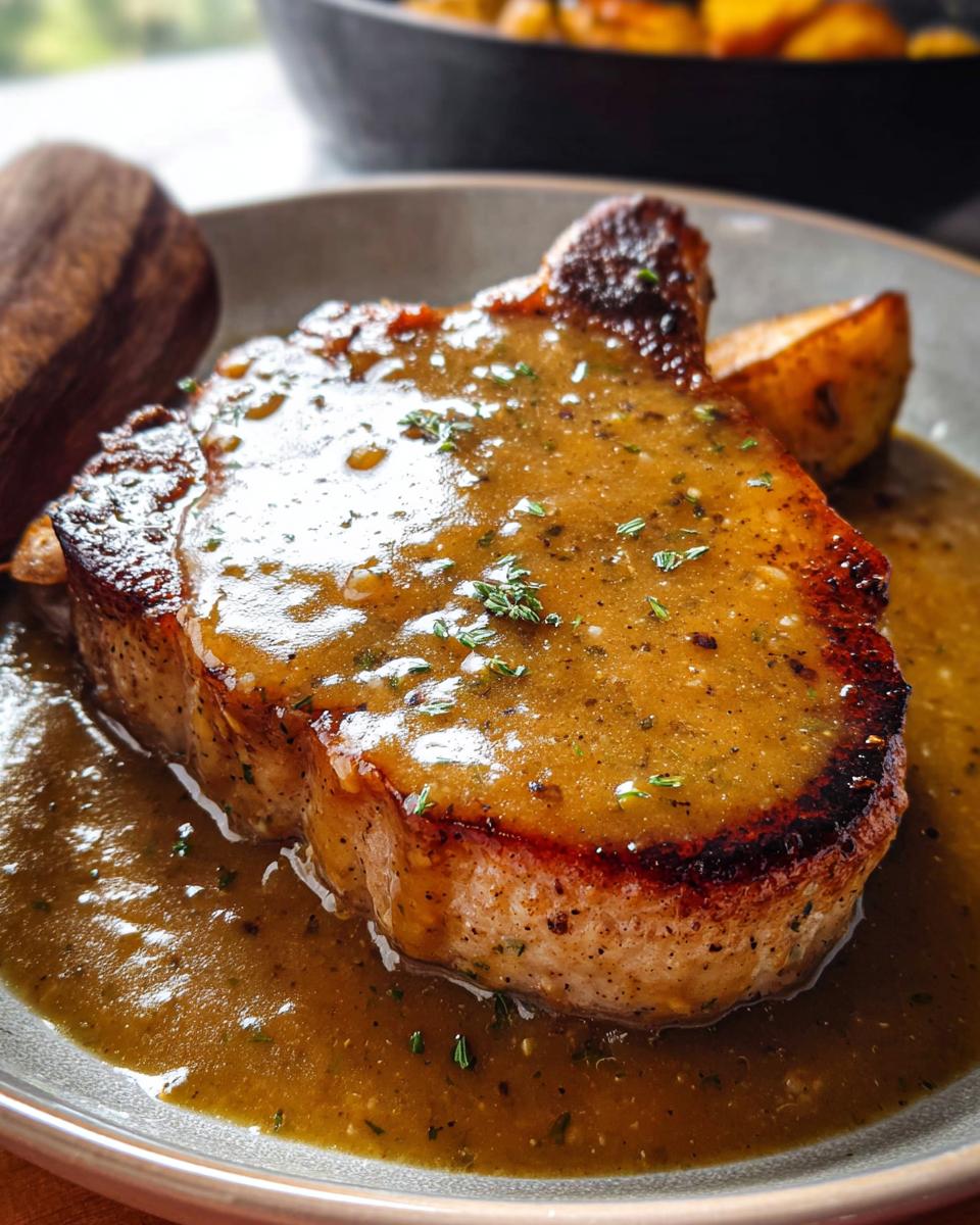 A juicy, thick-cut traditional pork chop smothered in savory pan gravy, served with roasted potato wedges.