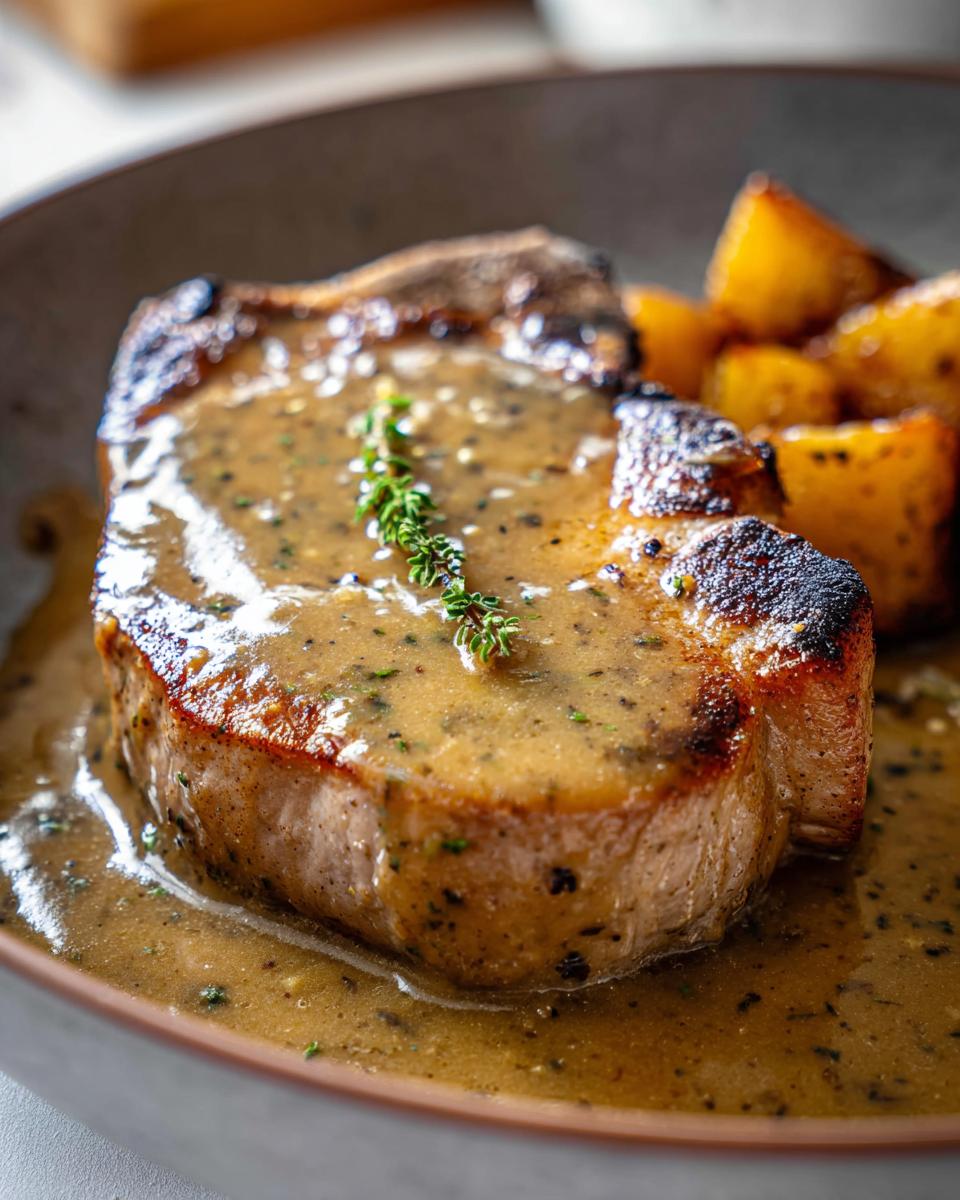 A juicy Traditional Pork Chop with Savory Pan Gravy and roasted potatoes, garnished with a sprig of thyme.
