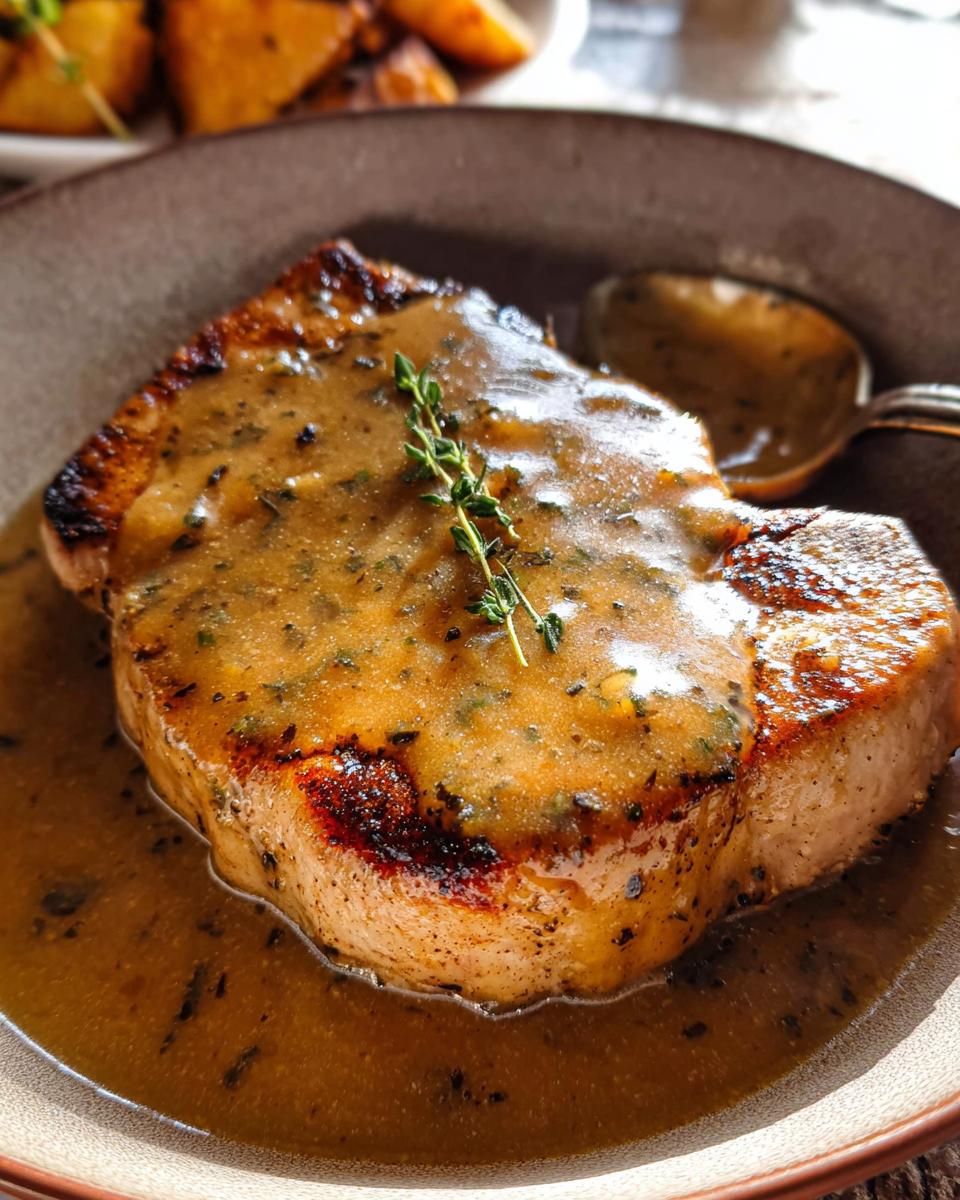 A juicy Traditional Pork Chop topped with Savory Pan Gravy and a sprig of thyme, served on a plate.