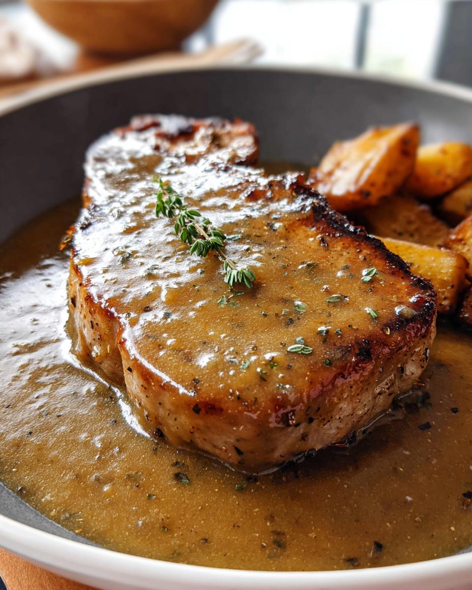 Close-up of juicy Traditional Pork Chops smothered in Savory Pan Gravy, garnished with fresh thyme, served with roasted potatoes.
