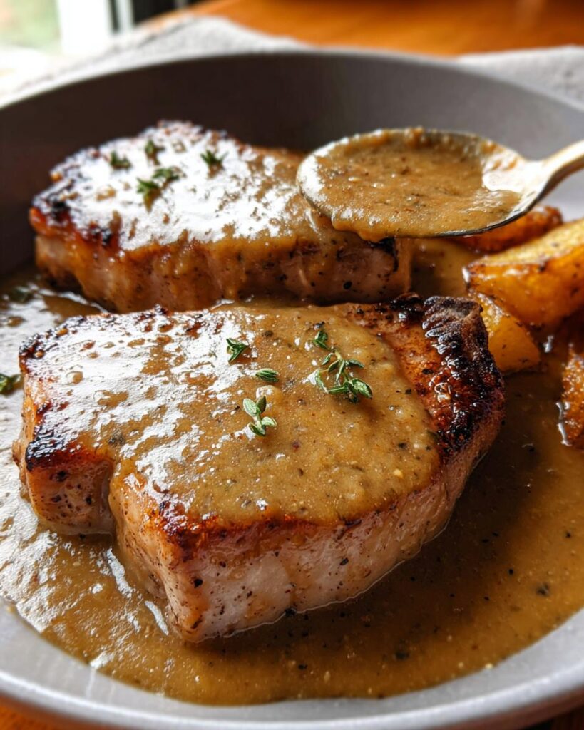Close-up of two juicy Traditional Pork Chops With Savory Pan Gravy, garnished with fresh thyme, served with roasted potatoes.