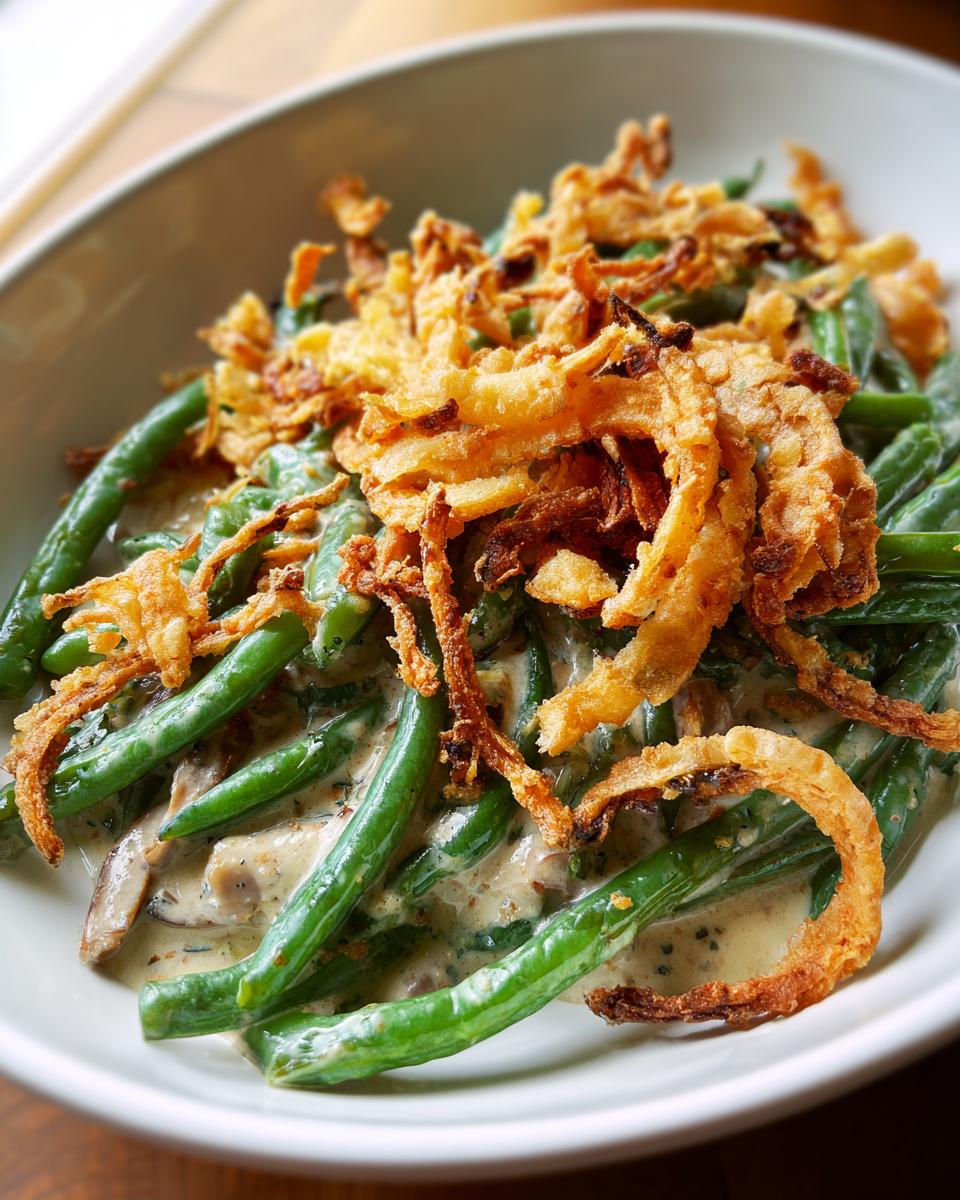 A close-up of a creamy Traditional Thanksgiving Salad with green beans and topped with crispy fried onions.