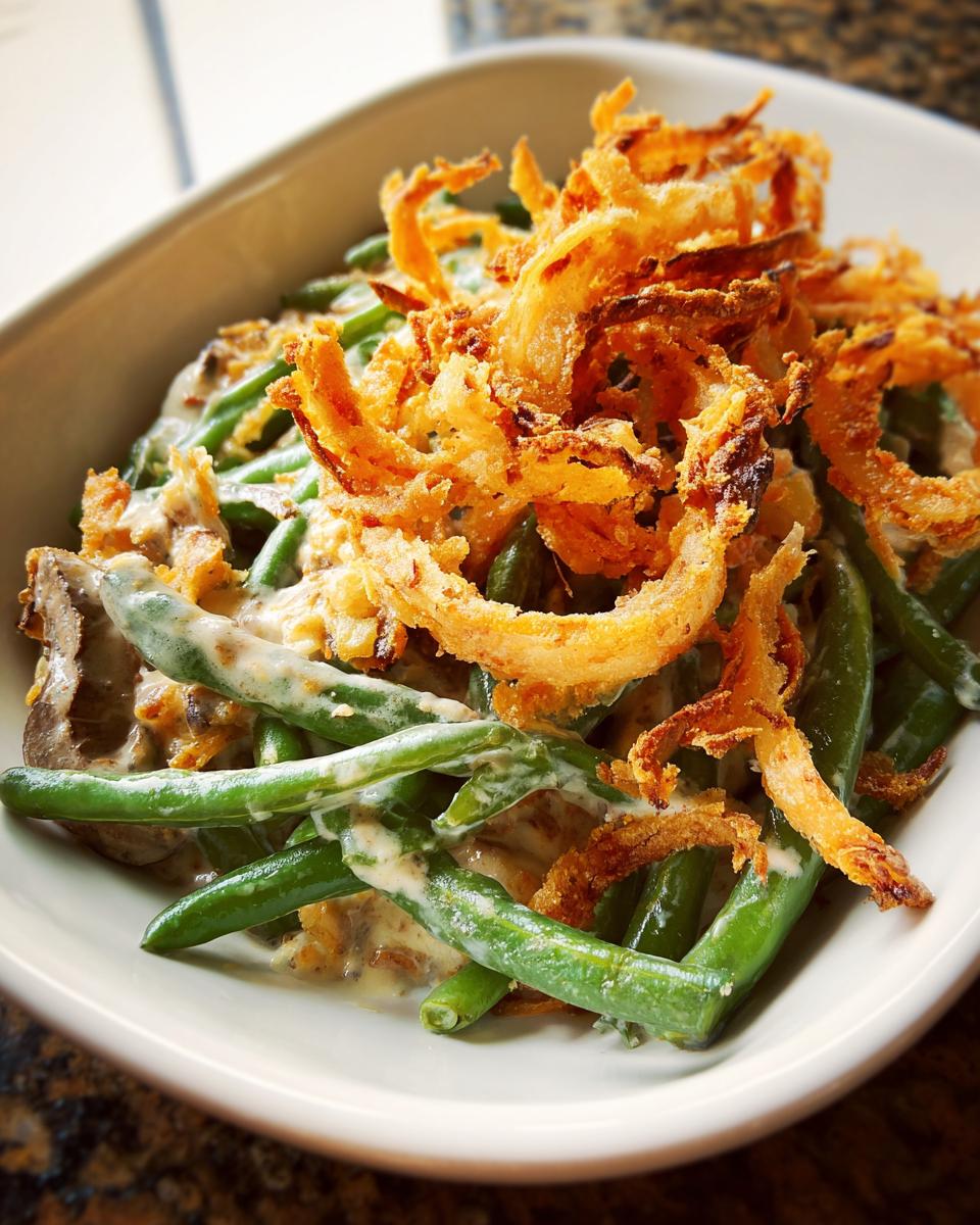 Close-up of a traditional Thanksgiving salad featuring green beans, creamy sauce, and crispy fried onions.