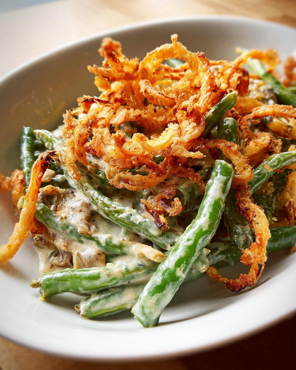 A close-up of a Traditional Thanksgiving Salad featuring green beans in a creamy sauce, topped with crispy fried onions.