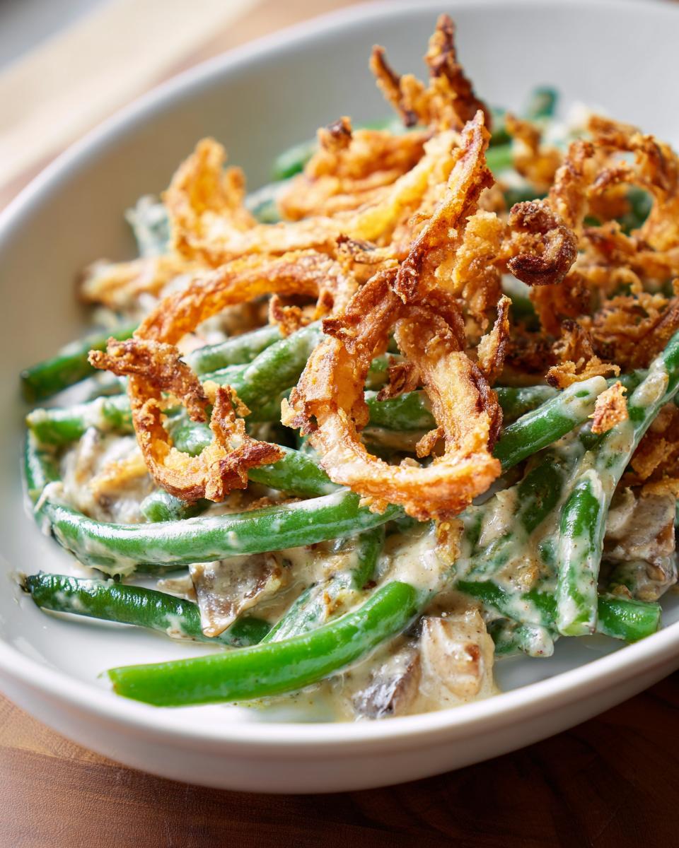 Close-up of a Traditional Thanksgiving Salad with green beans, creamy mushroom sauce, and crispy fried onions.