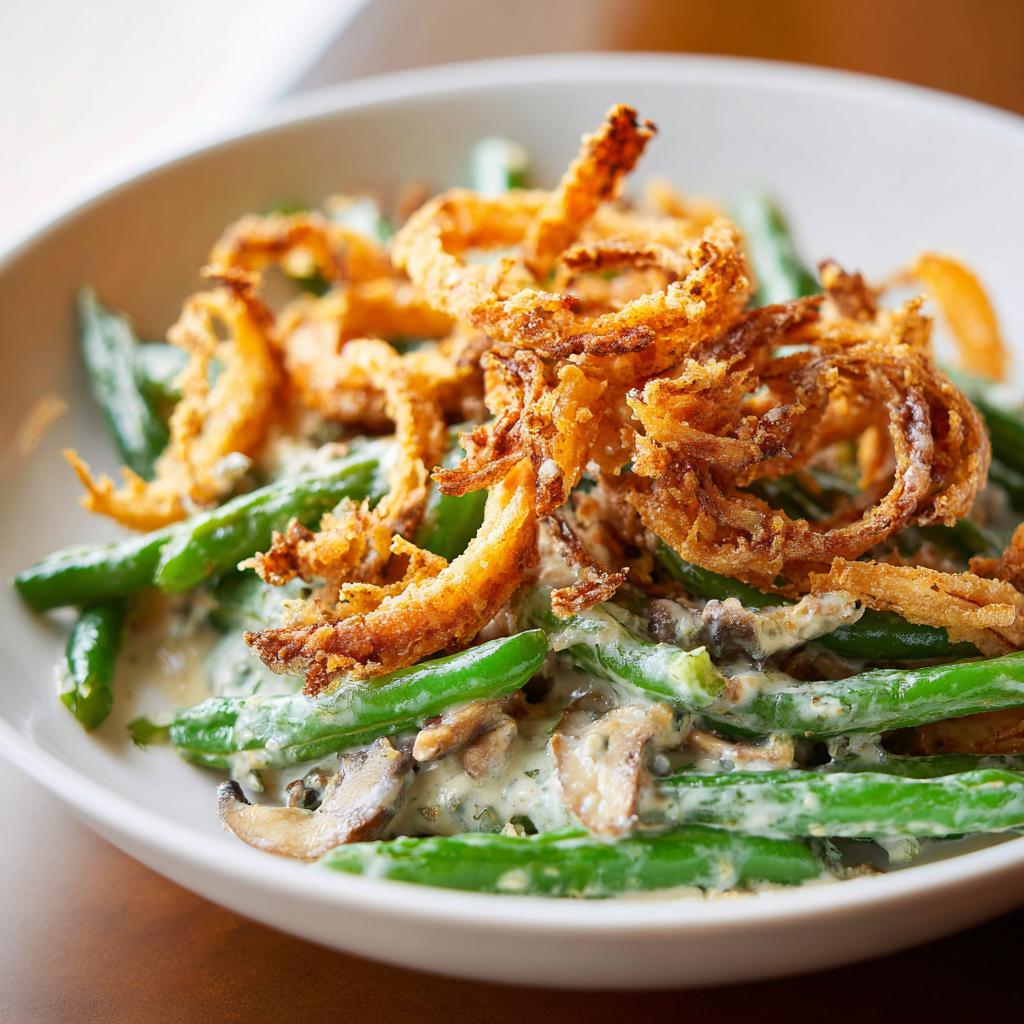 A close-up of a Traditional Thanksgiving Salad with green beans, mushrooms, creamy sauce, and crispy fried onions.