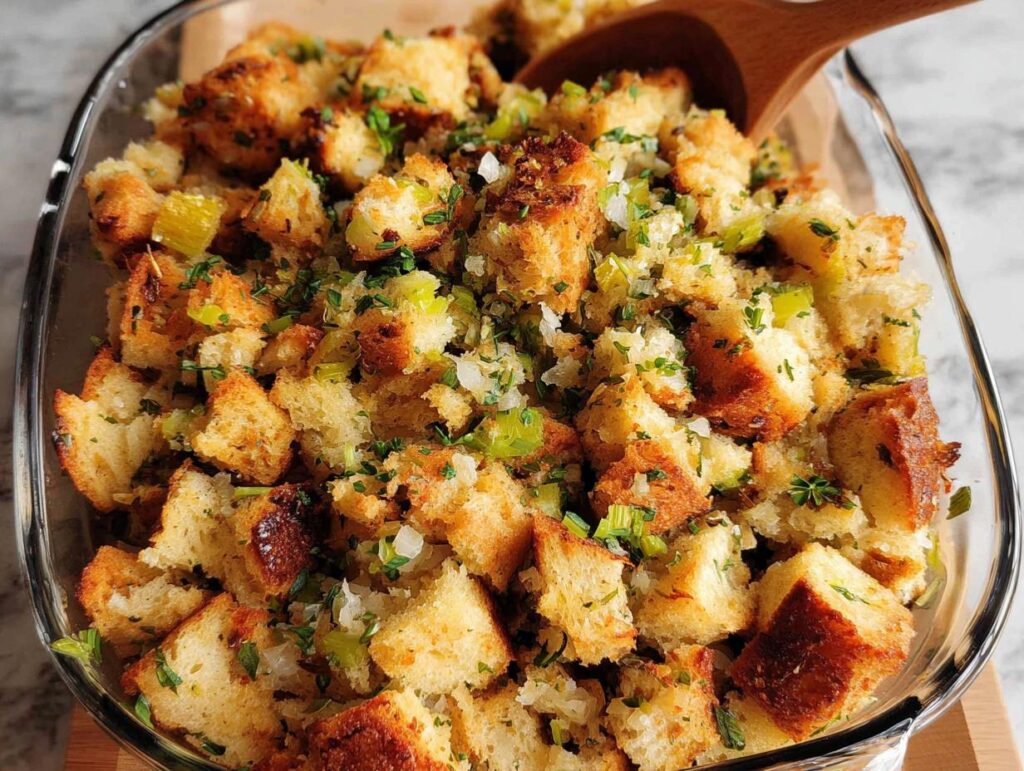 Close-up of a glass baking dish filled with Ultimate Homemade Stuffing Recipe, featuring toasted bread cubes, celery, and herbs.