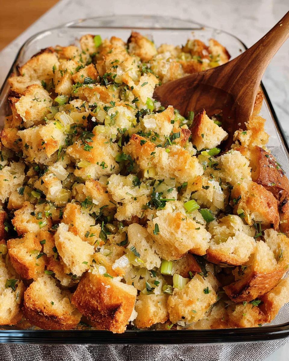 Close-up of a glass baking dish filled with Ultimate Homemade Stuffing, featuring toasted bread cubes, celery, and herbs, with a wooden spoon.