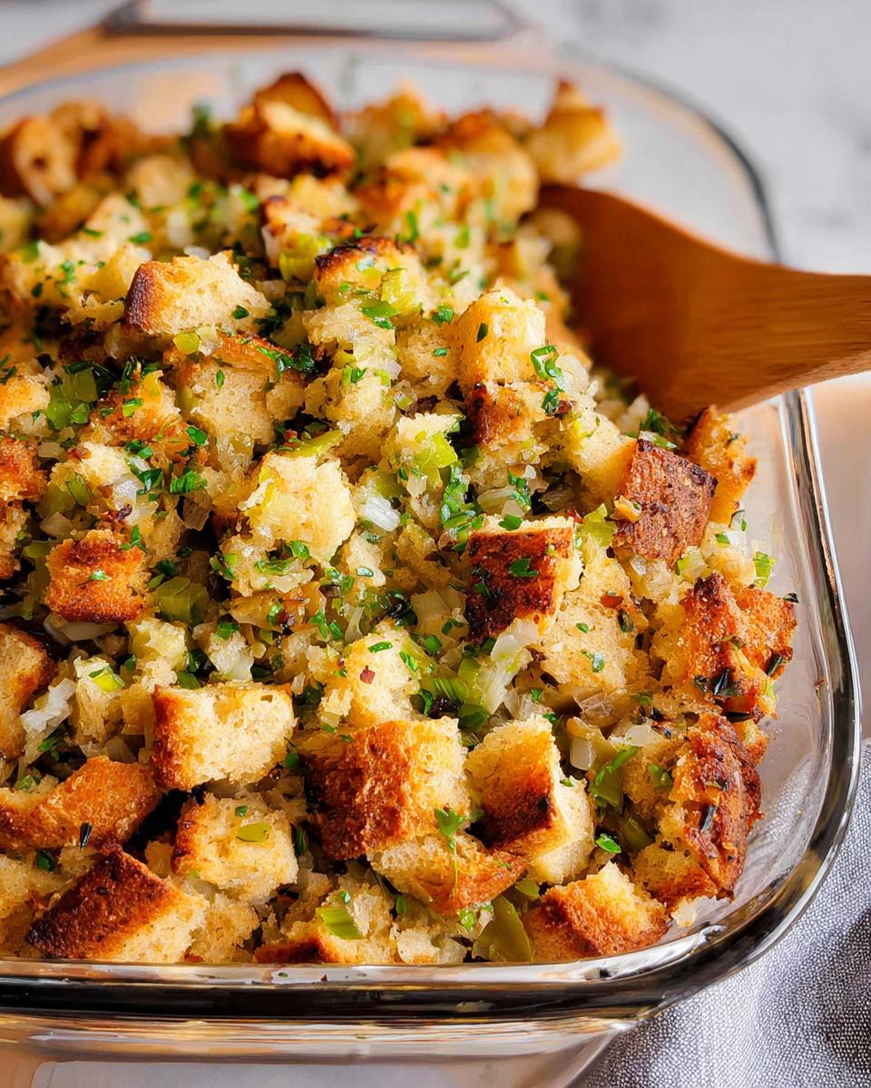 Close-up of a glass baking dish filled with Ultimate Homemade Stuffing Recipe, featuring toasted bread cubes, herbs, and vegetables.