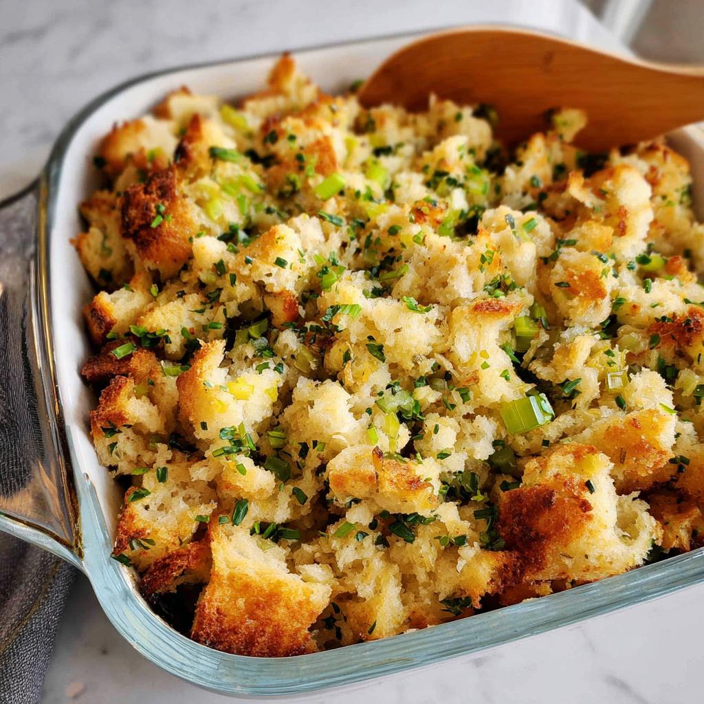 A close-up of a baking dish filled with Ultimate Homemade Stuffing, topped with fresh herbs and chives.