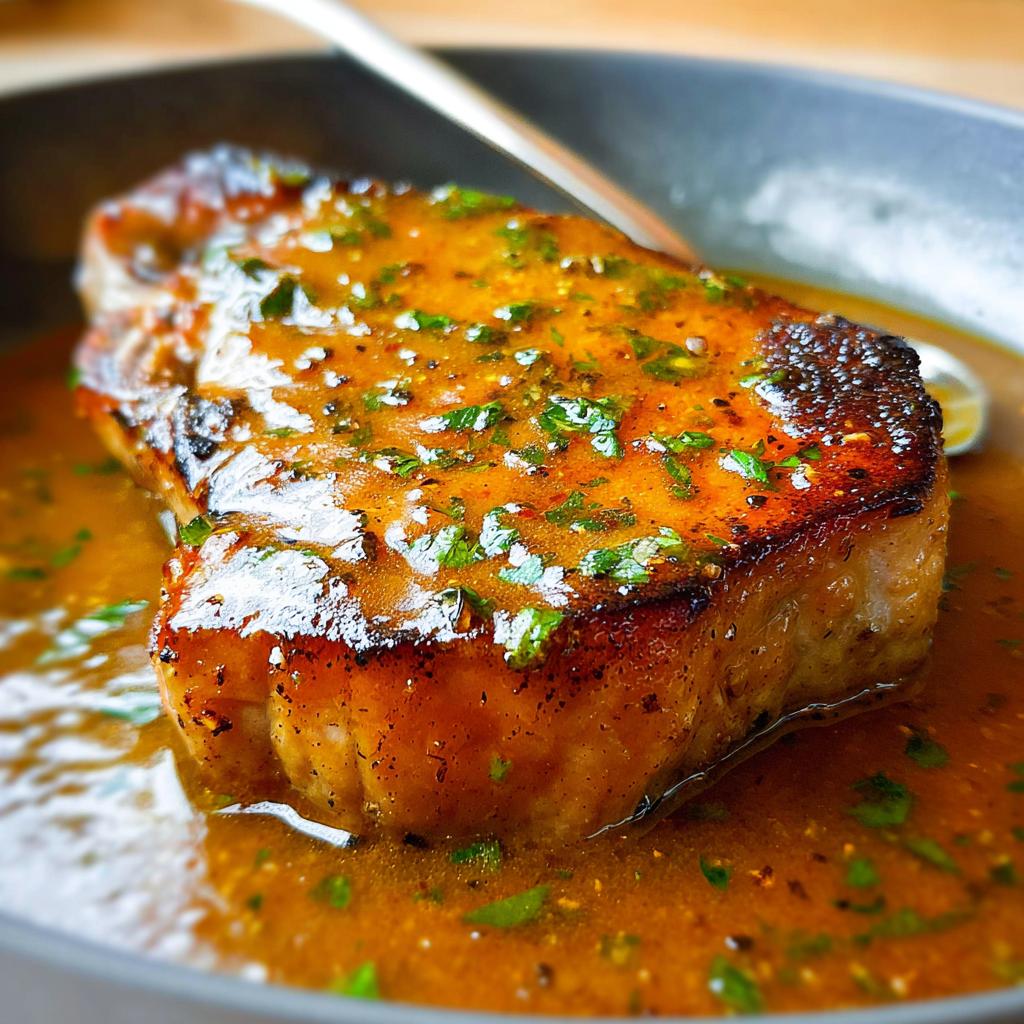 Close-up of a perfectly cooked, tender and juicy pork chop coated in a rich, glossy glaze with fresh herbs.