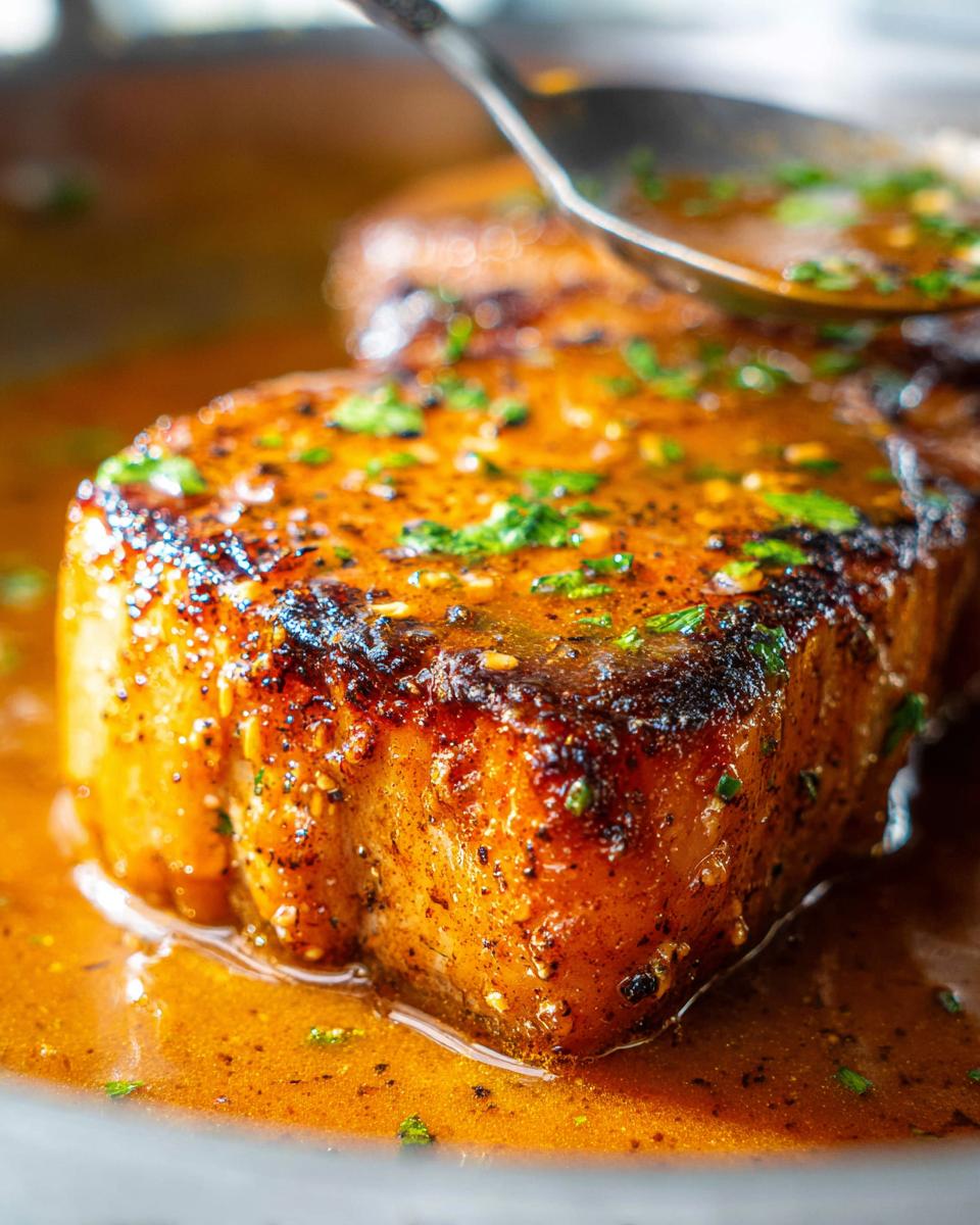 Close-up of a thick, tender, and juicy pork chop with a rich sauce and chopped herbs.