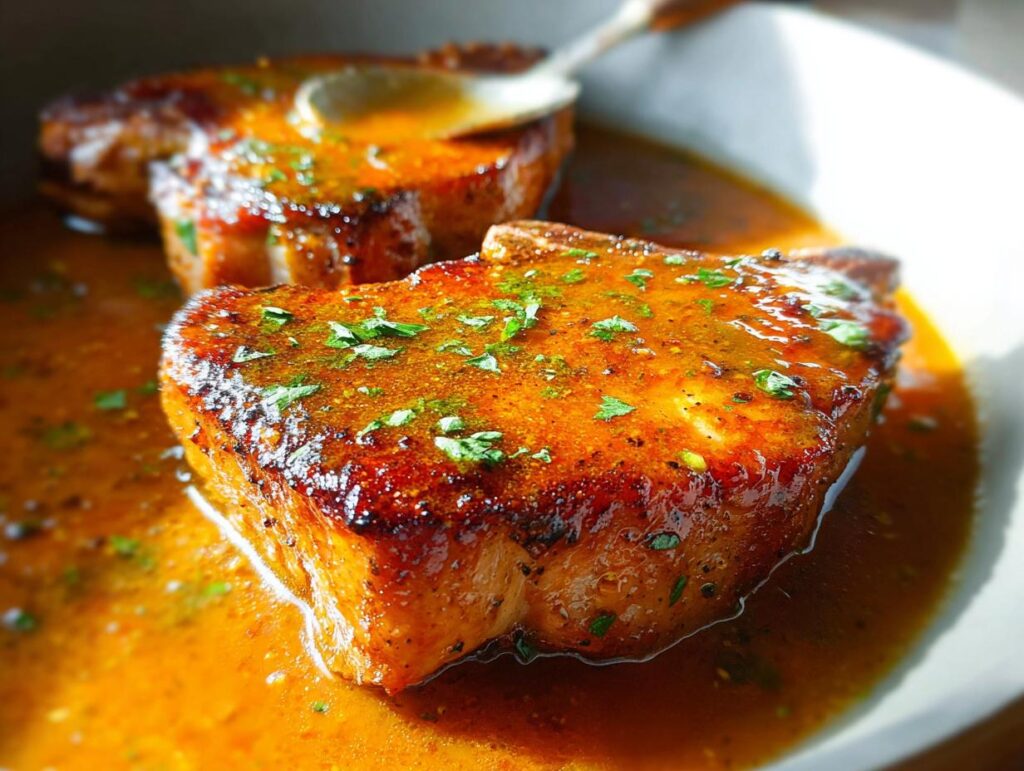 Close-up of two tender and juicy pork chops in a rich, glossy sauce, garnished with fresh herbs.