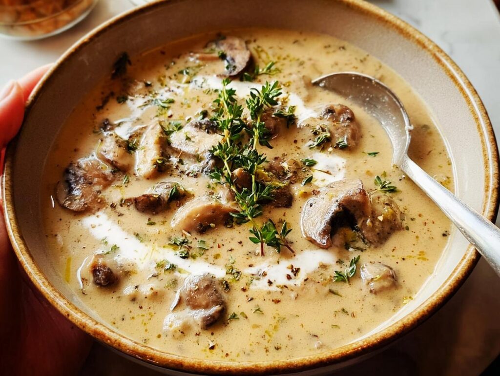 A close-up of a creamy mushroom soup bowl, part of the Ultimate Soup Recipes collection, topped with fresh herbs.