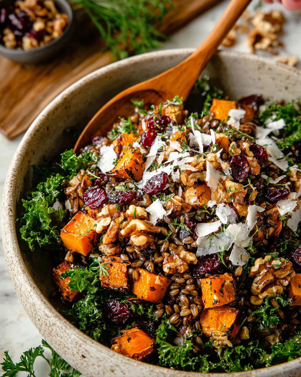Close-up of a vibrant Ultimate Thanksgiving Salad with kale, roasted butternut squash, cranberries, walnuts, and shaved cheese.