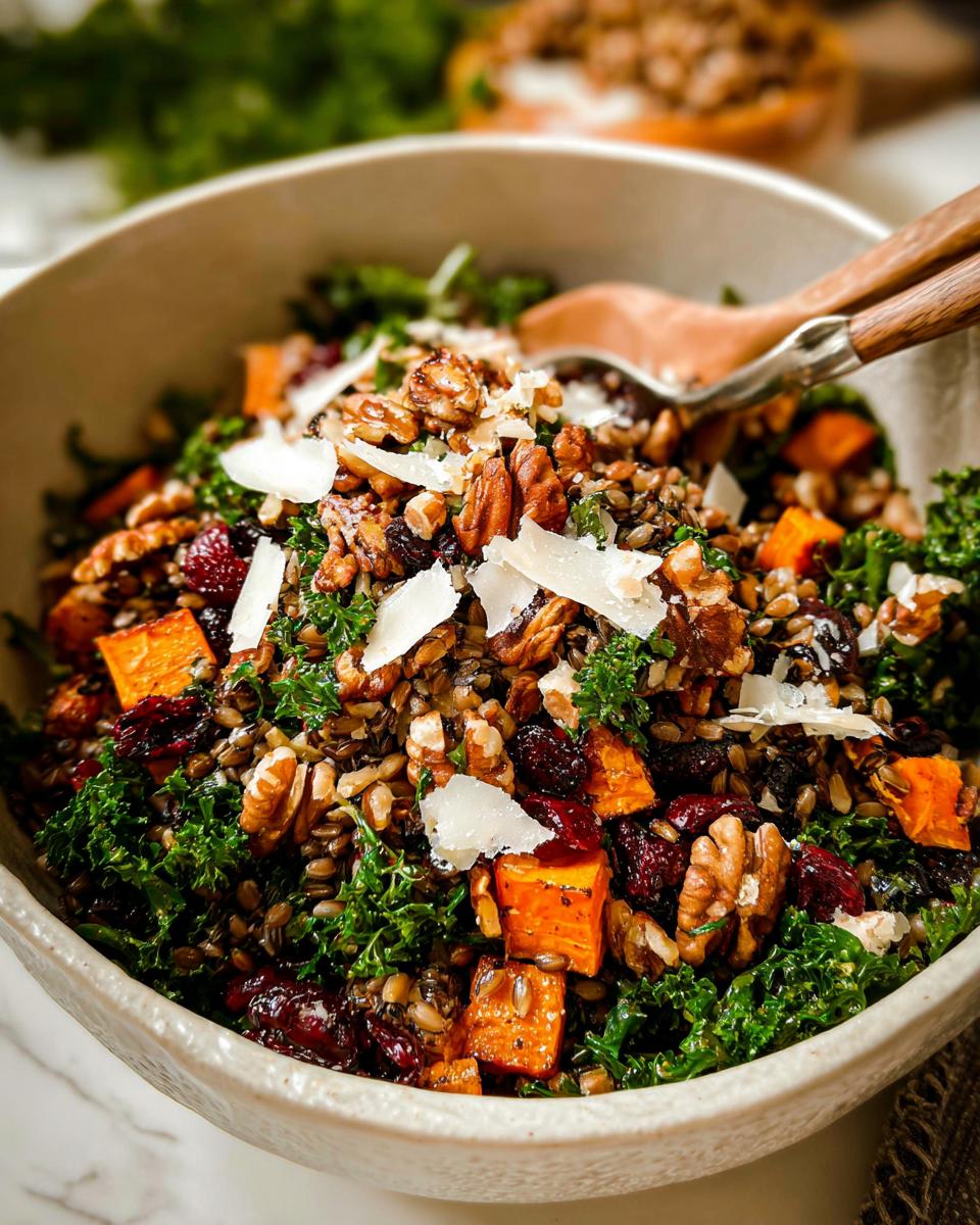 A colorful bowl of Ultimate Thanksgiving Salad featuring kale, roasted sweet potato, cranberries, walnuts, and shaved Parmesan.