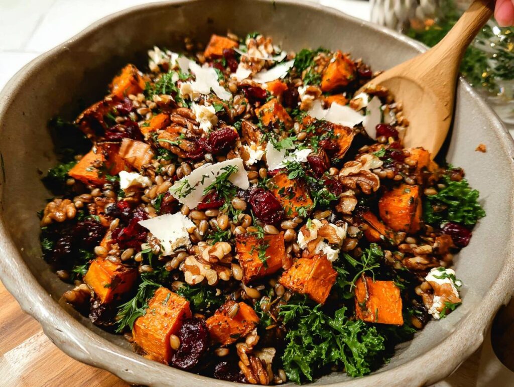A vibrant bowl of Ultimate Thanksgiving Salad featuring roasted butternut squash, kale, cranberries, walnuts, and grains, topped with cheese.