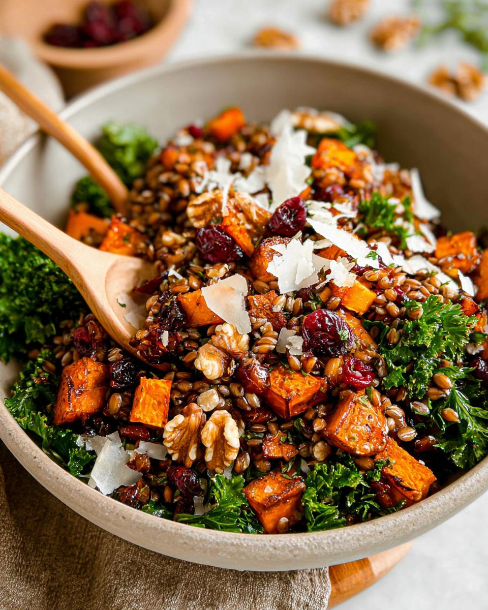 Close-up of a colorful Thanksgiving salad with roasted sweet potatoes, kale, cranberries, walnuts, and shaved parmesan.